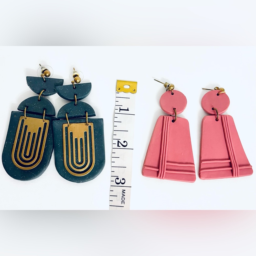 Lot of 2 Pairs Art Deco Polymer Clay Dangle Goldtone Earrings. Blue/Gray & Mauve